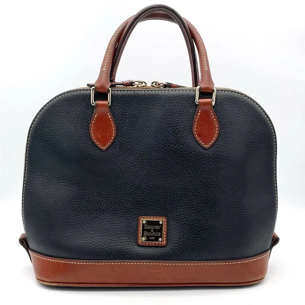 Dooney & Bourke Pebble Grain Zip Around Satchel Black & Cognac Brown Leather Bag